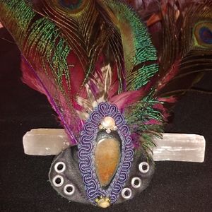 Ocean Jasper leather, feather hair barrette